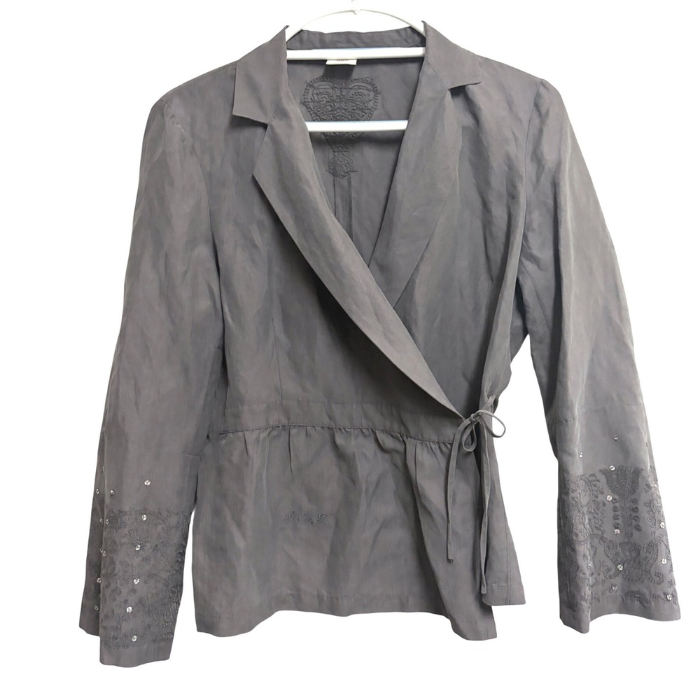 Noa Noa Hawaii Silk Linen Embroidered Wrap Grey Blazer Sequin Peplum Jacket M